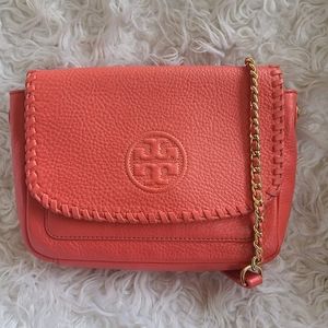 Tory Burch Marion Small Flap Leather Shoulder Bag Color Samba (Red Orange)